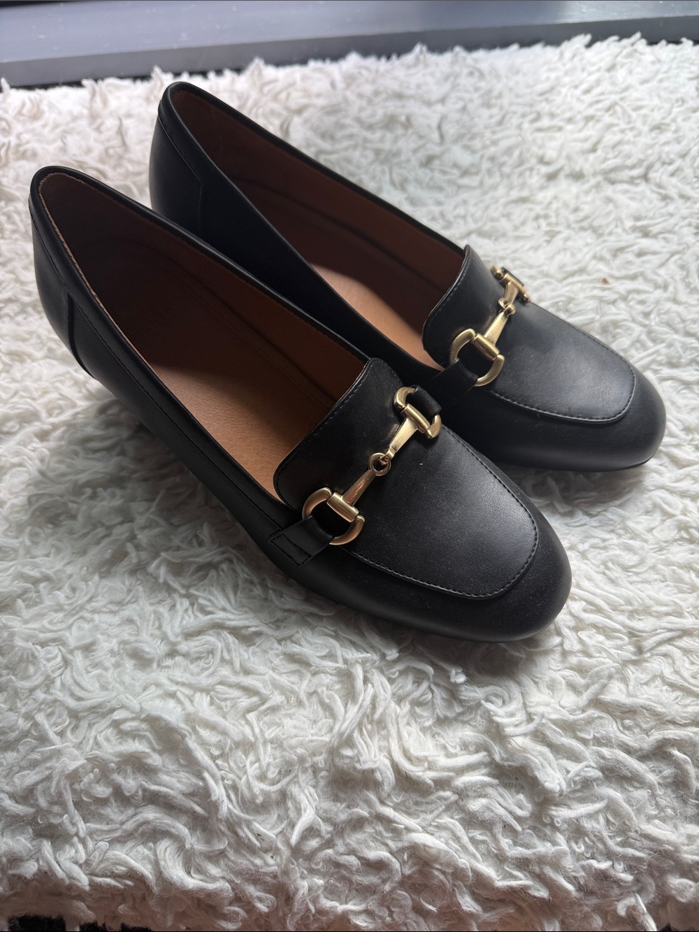 White Mountain Black Leather Loafers with Gold Bit Hardware